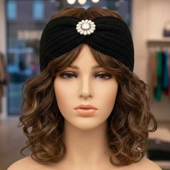 2/$21 Ladies Black Beaded Knitted Winter Headband - Picture 1 of 6